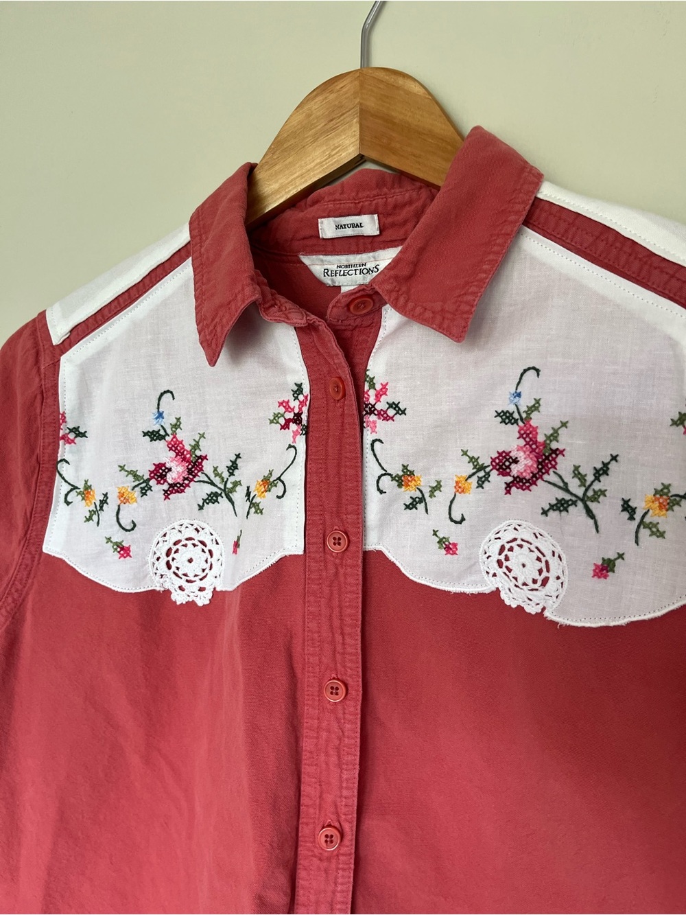 Upcycled cotton Shirt with vintage cross stitch details S